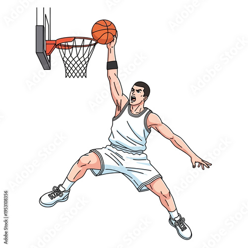 Dynamic basketball player executing a powerful slam dunk during a game.