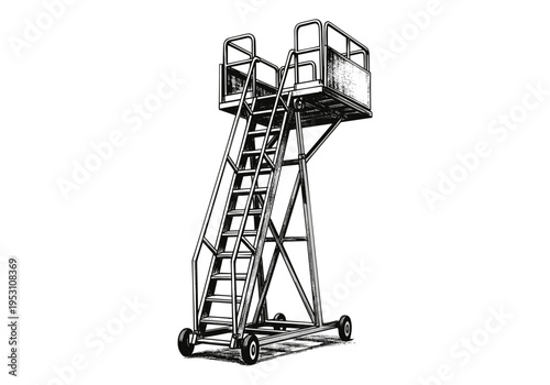Detailed illustration of a mobile aircraft passenger boarding stairs on a white background