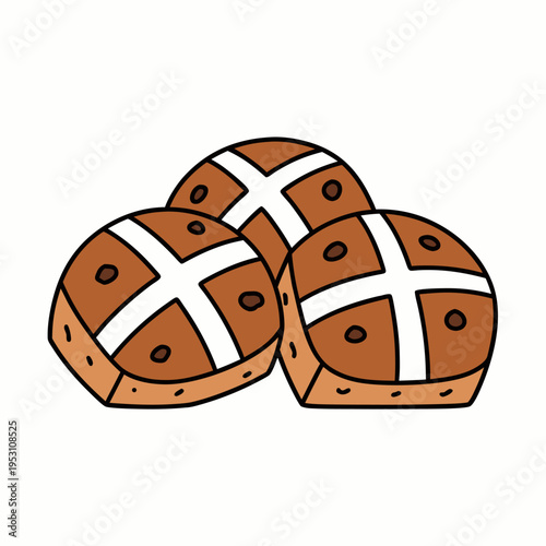 Three traditional hot cross buns with raisins for easter or good friday bakery concept