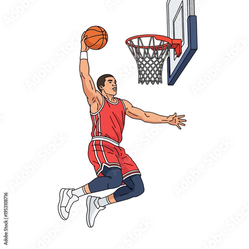 Dynamic basketball player in mid-air performing a powerful slam dunk.