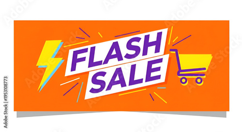 Flash Sale Vibrant Orange Banner with Lightning Bolt and Shopping Cart