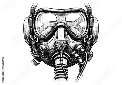 Detailed sketch of a vintage pilot's oxygen mask with hoses and straps