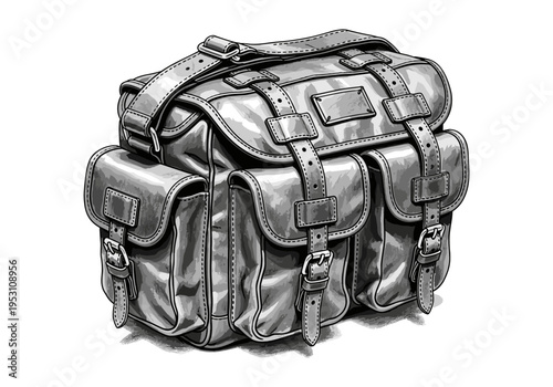 Vintage leather satchel bag with multiple buckles and straps, rendered in a classic black and white illustration style