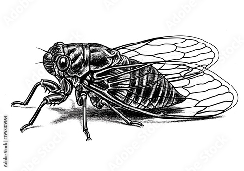 Detailed black and white illustration of a cicada insect with intricate wings and body details