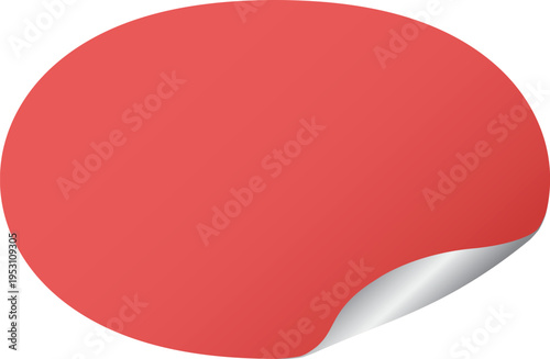 Red oval sticky sticker label with a curled silver corner, peeling up, for sale promotion price or message