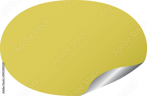 yellow oval sticky sticker label with a curled silver corner, peeling up, for sale promotion price or message