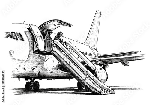Sketch of an airplane with an emergency slide deployed and crew members standing by