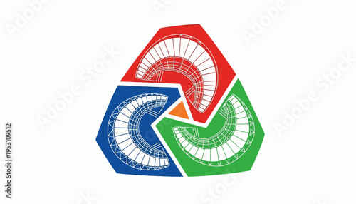 Vibrant abstract geometric graphic depicting interconnected triangular forms with detailed radial blueprint patterns, representing innovation in technology, engineering, and architectural design