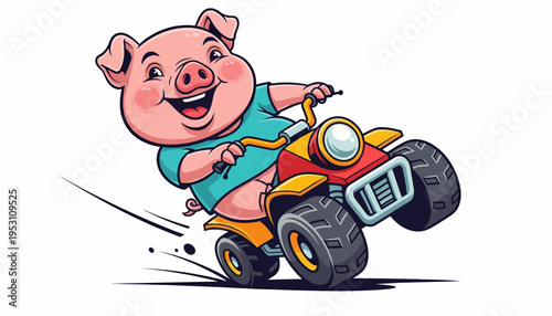 Joyful pig riding an all-terrain vehicle with a big smile, illustration