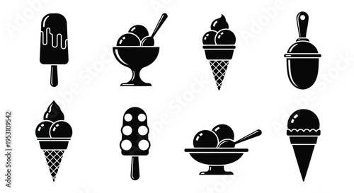 Delightful assortment of classic ice cream treats and accessories in monochrome silhouette