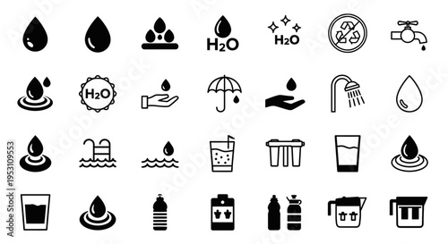 a comprehensive set of water icons and symbols illustrating conservation hydration and environmental concepts for graphic design.