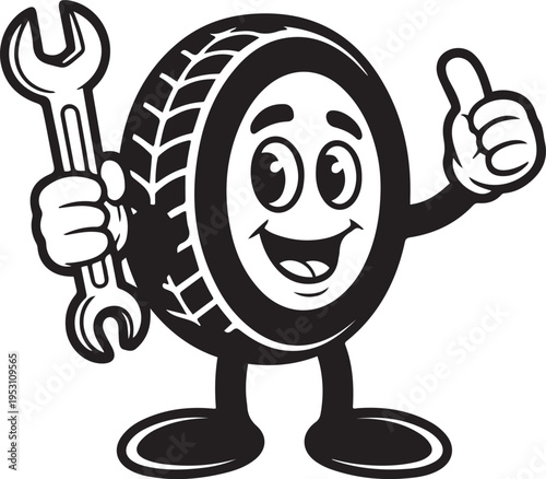 A tyre cartoon car mechanic service mascot holding a spanner and giving a thumbs up. black icon drawing vector