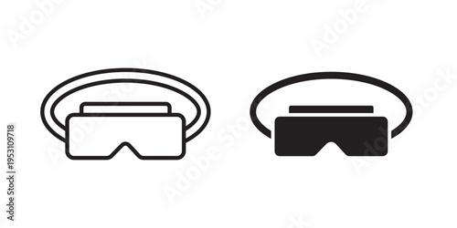 VR headset icon designed in black stroke and fill styles, isolated on a white background. Ideal for virtual reality, gaming, and immersive technology concepts.