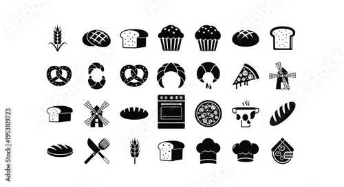Assorted black and white icons depicting various food items and kitchen tools