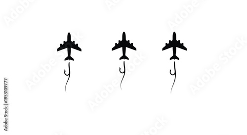 Formation of three stylized fighter jets flying in a straight line with trails.