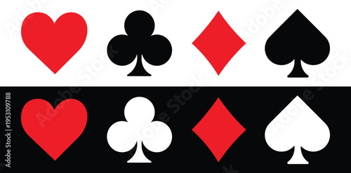 Classic Playing Card Suits Set with Hearts Clubs Diamonds and Spades Symbols in Red Black and White on Light and Dark Background