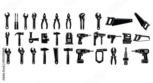 Assorted collection of hand tools displayed in a systematic arrangement