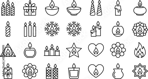 Candle flame line icon set, decorative burning candles collection, romantic, festive, spiritual and aromatic symbols for celebration, meditation, holiday, and wellness design