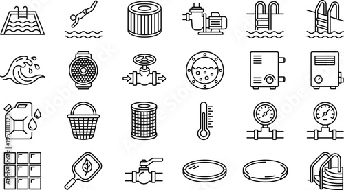 Swimming pool and water treatment line icon set, filtration system, pump, valve, cleaning equipment, maintenance symbols for aquatic facility and pool service design