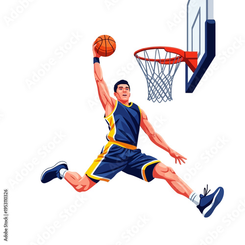 Dynamic basketball player mid-air performing a powerful slam dunk.