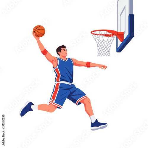 Dynamic basketball player mid-air performing a powerful slam dunk.