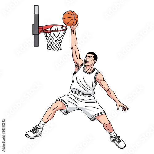 Dynamic basketball player performing a powerful slam dunk action.
