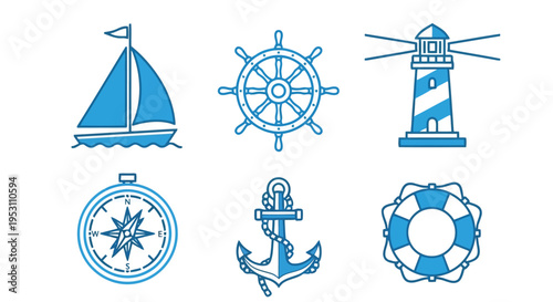 Collection of nautical and maritime icons depicting various sea-related symbols