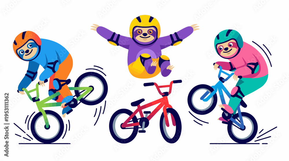 Obraz premium Adorable cartoon sloths engage in thrilling BMX bike stunts, showcasing their agility and love for extreme sports in a lively and dynamic illustration