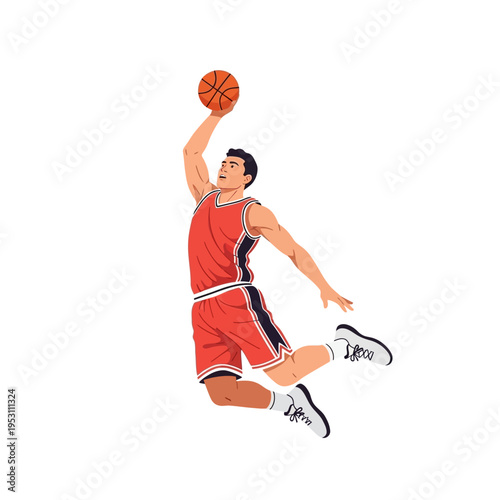 Dynamic male basketball player in mid air performing a slam dunk.