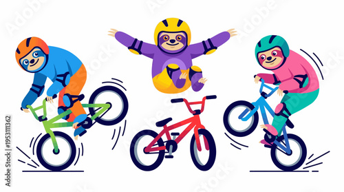 Adorable cartoon sloths engage in thrilling BMX bike stunts, showcasing their agility and love for extreme sports in a lively and dynamic illustration