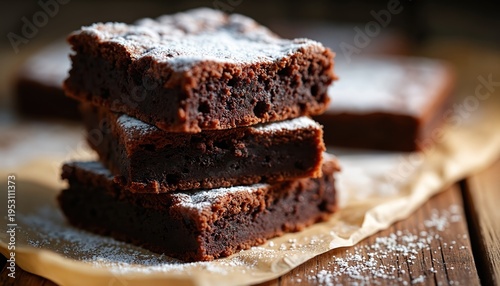 Stack of homemade chocolate brownies dusted with powdered sugar. Rich cocoa dessert with moist crumb, baked fresh on rustic wooden surface. Perfect sweet treat, indulgence food.