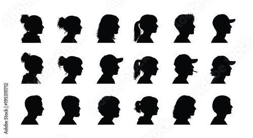 Diverse collection of stylized silhouette profiles showcasing various headwear and hairstyles