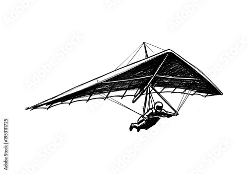 Sketch of a person hang gliding through the air with a large wing structure