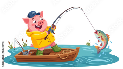 A cheerful pig in a yellow raincoat and boots catches a fish while fishing in a boat on the water