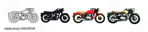 Four vintage motorcycles shown as icons on gray background