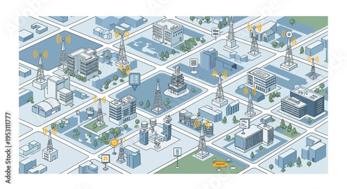 Isometric Smart City Infrastructure Map with Telecommunication Towers and Wireless 5G Network Connectivity
