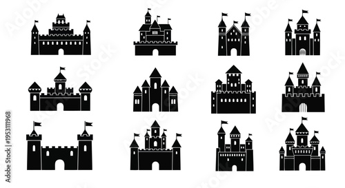 Twelve distinct architectural styles of medieval castles and fortresses in silhouette