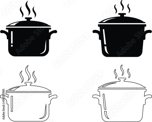 Silhouette of pots with lids and steam on stovetop