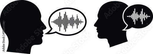 Two human silhouettes communicating with sound waves in speech bubbles silhouette
