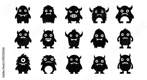 Playful collection of whimsical black-and-white monster characters in various poses