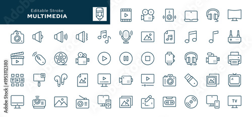 Multimedia. Set of outline icons. TV, photo and video camera, content creation, film, video, image, music, device, audiovisual equipment and more.  Line icon in linear style. Vector collection	