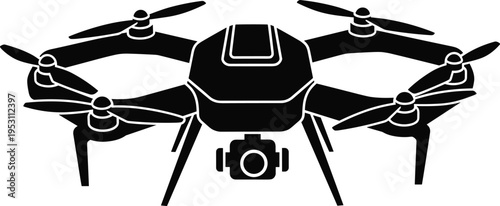 Black and white silhouette illustration of quadcopter drone with mounted camera, modern aerial technology design for photography, videography, surveillance, mapping, and recreational flying concepts.