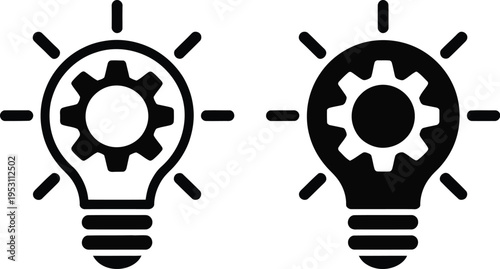 Idea icons set, light bulb with gear illustration, black white monochrome design, starburst rays, simplified base, digital vector style, isolated background