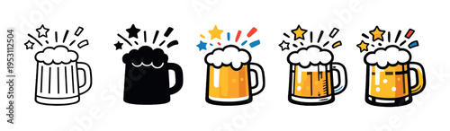 Five celebratory beer mugs with stars on gray gradient background