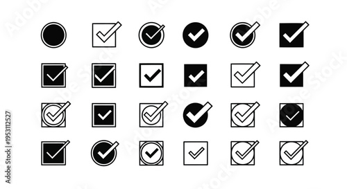 Collection of icons featuring checkmarks within various circle and square shapes