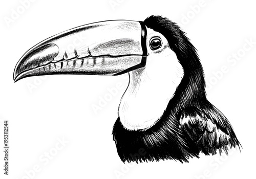 Detailed black and white sketch of a toucan's head and beak on a white background