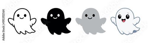 Four ghost characters with one smiling kawaii ghost on gray background