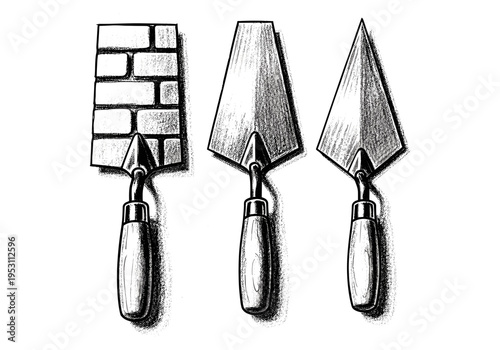 Three masonry trowels with wooden handles, one with brick pattern, on white background