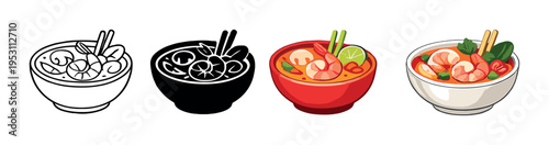 Four soup bowls transitioning from line art to colored on gray