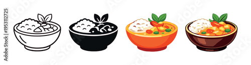 Four rice bowls transitioning from line art to colored on gray